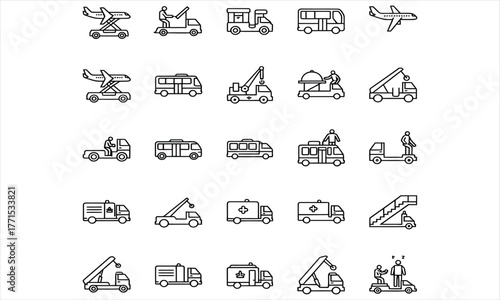Set of outline transportation icons airport support vehicles, and ground service equipment