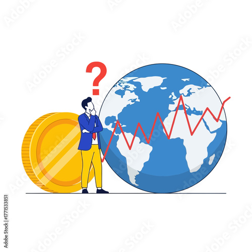 Economic Uncertainty Man Ponders Global Market Fluctuations Amidst a Coin and Graph on the Earth