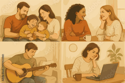 Cozy home lifestyle and family moments illustration set