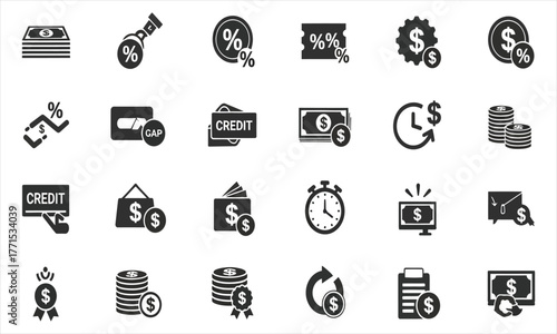 Diverse financial and economic icon set illustrating banking, credit, money, discounts, payment transactions, and business operations for modern digital and print media