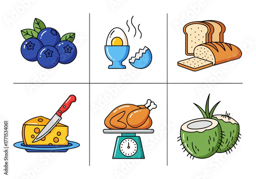 Delicious Homemade Food Icons Blueberries, Egg, Bread, Cheese, Chicken, and Coconut for Your Recipes and Menus