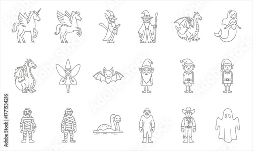 Collection of Fantasy Creature Icons Unicorn, Dragon, Mermaid, Elf, Ghost, and More