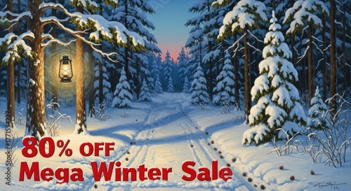 Wallpaper Mural Mega winter sale 80 off in snowy forest with lantern and trees background Torontodigital.ca