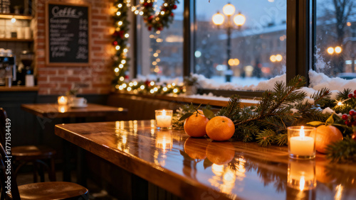 Cozy evening coffee shop decorated for New Year with warm lights