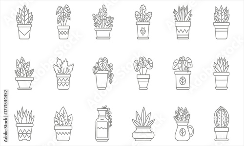 Line Art Vector Icons Set of Various Potted Houseplants Collection – Modern Minimalistic Indoor Garden Graphic Elements for Home Office Decor
