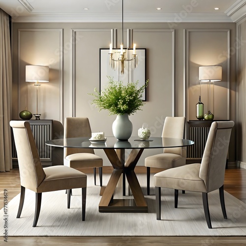 Elegant dining room setting with a glasstop table, upholstered chairs, a chandelier, and decorative lamps, creating a sophisticated ambiance