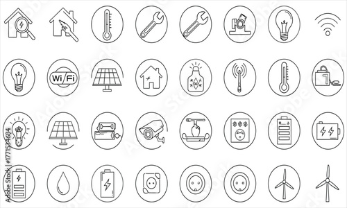 Smart Home Technology and Energy Efficiency Icons Digital Illustrations in Modern Design for Various Applications