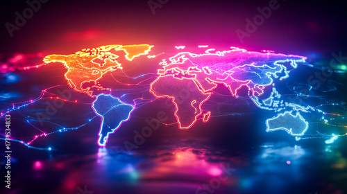 Abstract neon world map with glowing colorful lines and vibrant energy streams, wallpaper