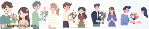 vector half body of a couple giving flowers to his friend