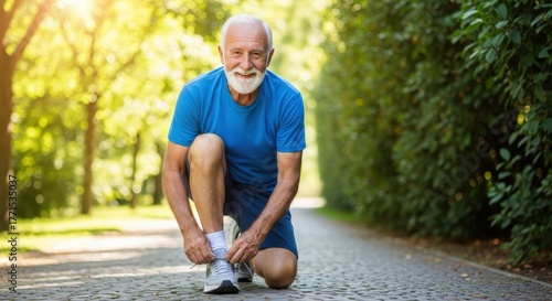 Senior man in blue shirt tying shoelaces in park on sunny day, healthy lifestyle