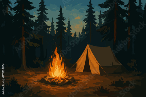Camping adventure forest nighttime ground level nature experience