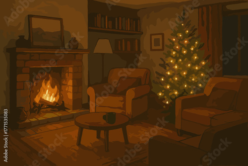 Cozy winter evening with christmas tree living room warm environment indoor holiday spirit