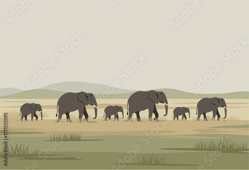 Elephants walking in the savanna wildlife scene nature serene landscape side view animal behavior