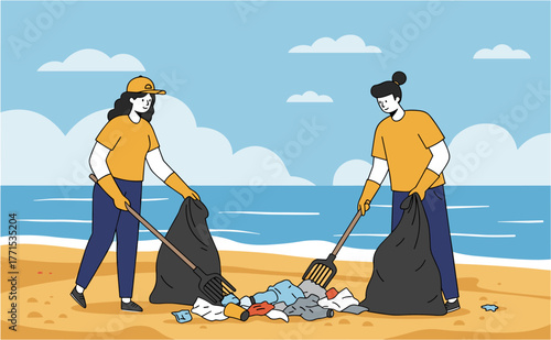 Beach cleanup event ocean shore environmental action sunny day community effort eco-friendly initiative