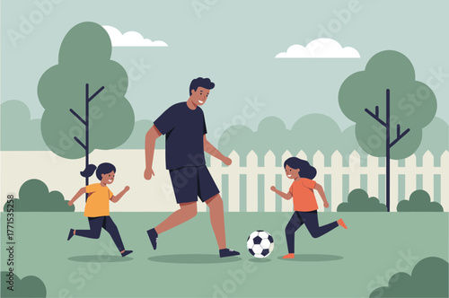 Fun soccer game with kids in a park illustrative digital cheerful environment family bonding concept