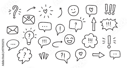 Hand-drawn Communication and Reaction Doodle Icons Set