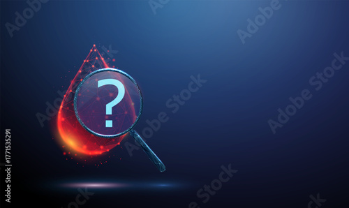 3D red blood drop under a magnifying glass with a question mark inside. Medical diagnostics, hematology, unknown pathology, undiagnosed condition concept