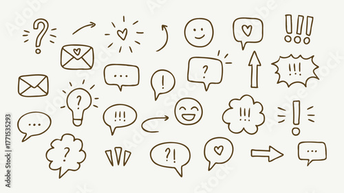 Hand-drawn Communication and Reaction Doodle Icons Set