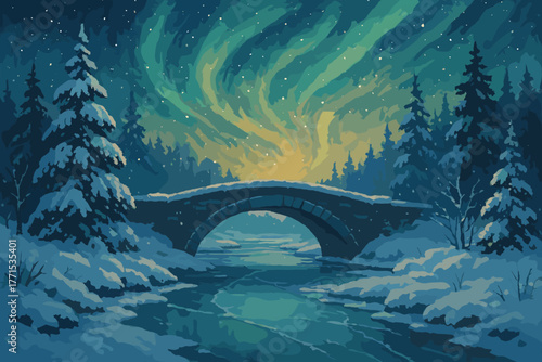 Captivating northern lights dance over snowy bridge winter landscape digital tranquil nature scene