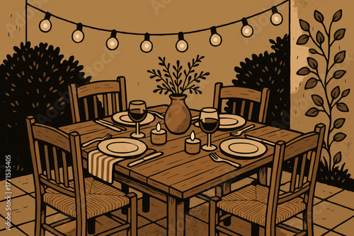 Elegant dinner setup outdoor garden cozy atmosphere eye-level view intimate gathering