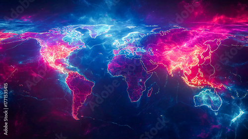 Abstract neon world map with glowing colorful lines and vibrant energy streams, wallpaper