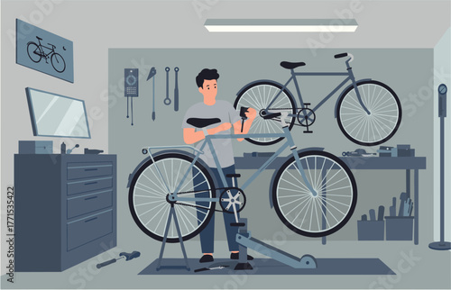 Bicycle repair action by a mechanic in a workshop illustrated digital indoor environment creative perspective
