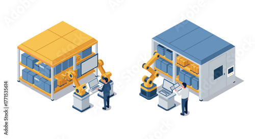 Isometric warehouse automation robotic arms and inventory management technology