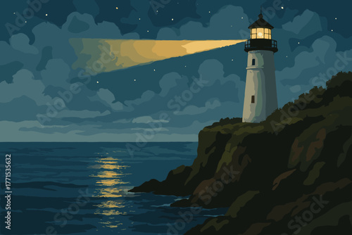 Lighthouse illuminates coastal cliff at night scenic landscape tranquil ocean environment