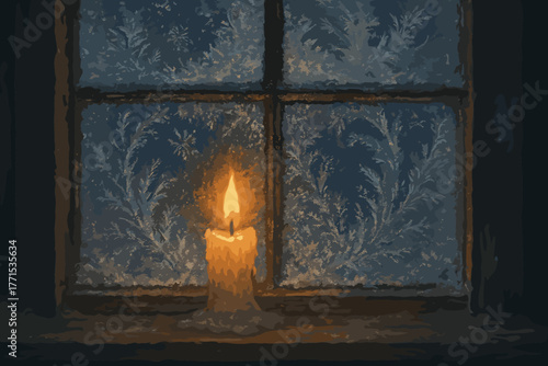 Candle illuminating frosted window cozy indoor setting evening serenity warm light intimate view comforting atmosphere
