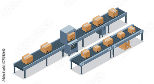 Isometric automated conveyor system with cardboard boxes in warehouse
