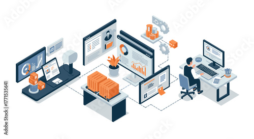 Business operations in isometric design with technology integration and data analysis