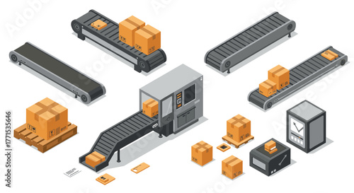 Automated packaging system with conveyor belts and parcel sorting machines in isometric style
