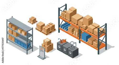 Isometric warehouse storage organized shelves, boxes, and cargo management