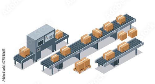 Industrial conveyor belt system with cardboard boxes in isometric style