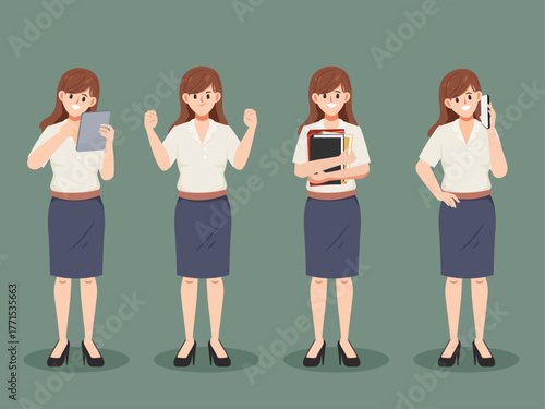 Woman in business officer character pose set. Premium vector design.