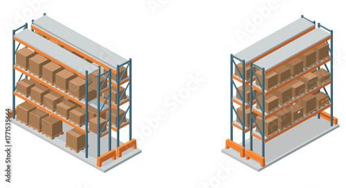 Isometric warehouse shelving with cardboard boxes on heavy duty racks