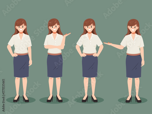 Woman in business officer character gesture pose set. Premium vector design.