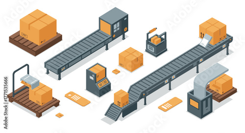 Isometric conveyor belt system with boxes and machinery for logistics and automation