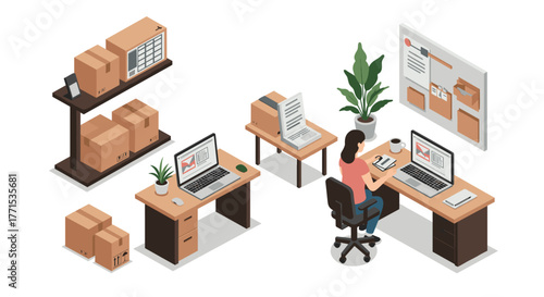 Isometric office workspace with desks, computers, and shelves for home business
