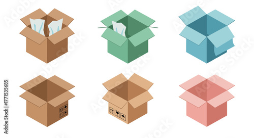 Set of opened cardboard and colorful boxes with tissue paper in isometric design
