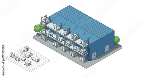 Isometric warehouse building with shelves and cargo containers