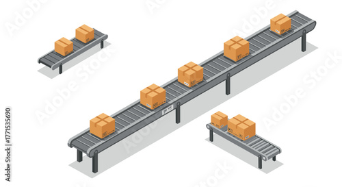 Isometric conveyor belt with moving boxes in a warehouse setting