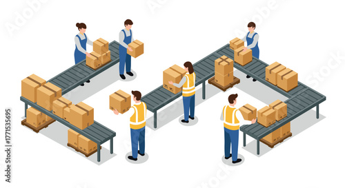 Isometric warehouse workers organizing packages on conveyor belts
