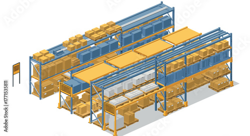 Isometric warehouse storage shelves with boxes and pallets