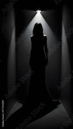 Dramatic Silhouette of Woman Standing in Shadows
