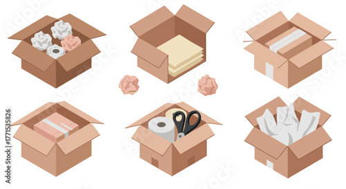 Isometric cardboard boxes with office supplies and packaging materials