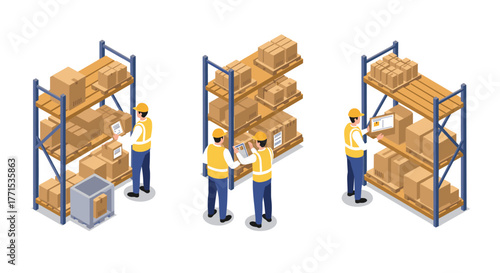 Warehouse management isometric concept with workers organizing and scanning packages on shelves