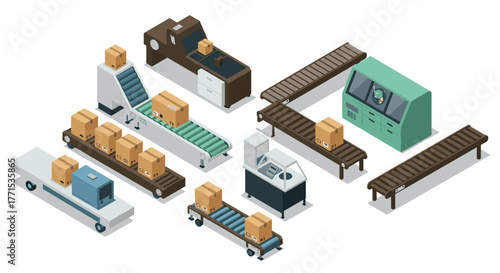 Automated manufacturing line with conveyor belts and packaging machines in isometric design