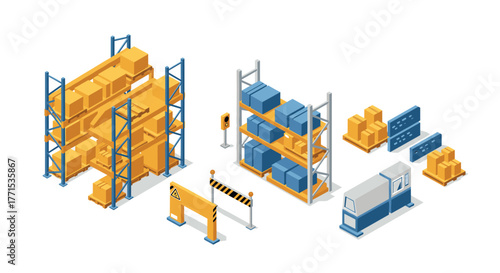Isometric warehouse storage solutions with shelving and pallet racks