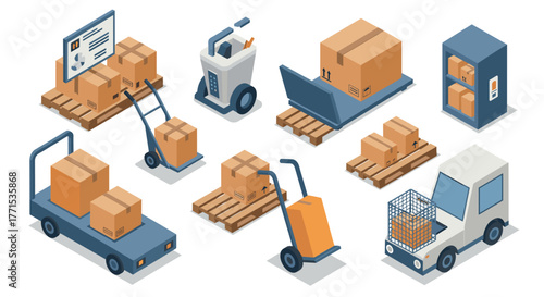 Isometric warehouse objects and equipment for efficient logistics management